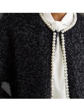 Anthropologie Mauve Pearl-trimmed  black bouclé cardigan